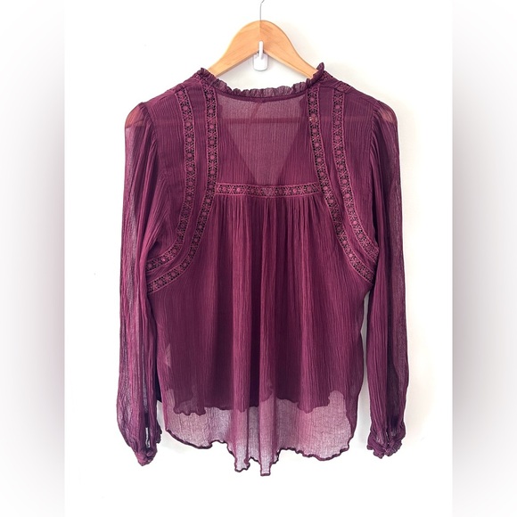 FREE PEOPLE Long Live Love Sheer Button-Down Blouse, Maroon Red - Picture 6 of 9
